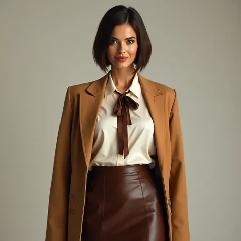 A realistic, high resolution photograph of a tall, beautiful Latina woman in her 60's; full body frontal view facing the camera with her arms at her side, looking at the camera. There is extra space in the photo above her head. She has an tall, lithe, fash...