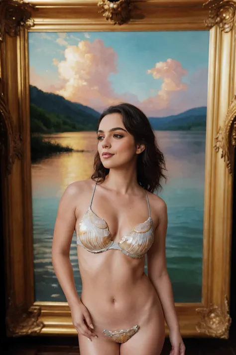 Extreme Close up of a woman in c string and clam shell bra, standing on a big oyster shell, ethereal, renaissance style painting, dramatic lighting, detailed facial features, dramatic pose, ornate background, glowing aura, golden accents, intricate textile...