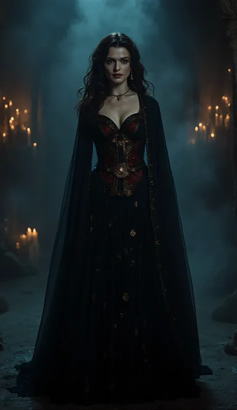 Rachel Weisz as Medea, Hades, cowboy shot, dark fantasy portrait, Witch of Shadows, stands, mystical underground sanctuary, glowing runes, ancient potions, swirling black mist, calm but powerful expression, eyes glowing faintly violet, wears elegant witch-...
