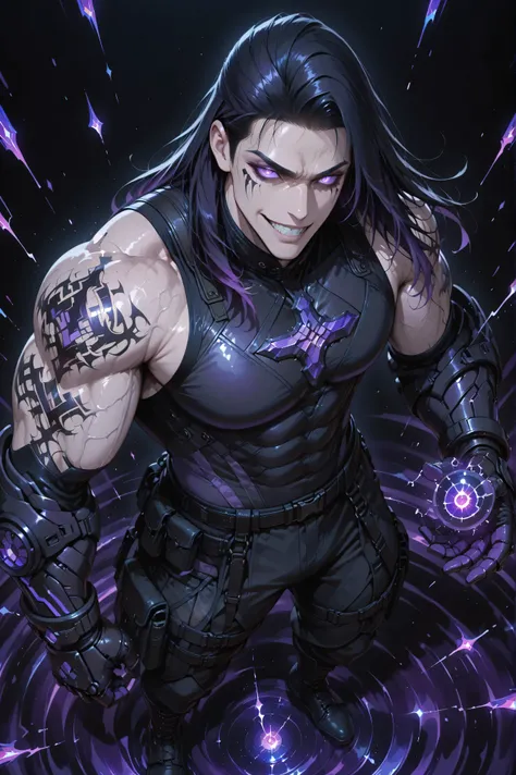 anime man,gauntlets,Anime-style full body shot from above, showing a tall, handsome, and extremely muscular adult man with Asian skin and a fierce, sharp grin. handsome modern male hairstyle violet black hair, fading into deep violet, and his glowing viole...