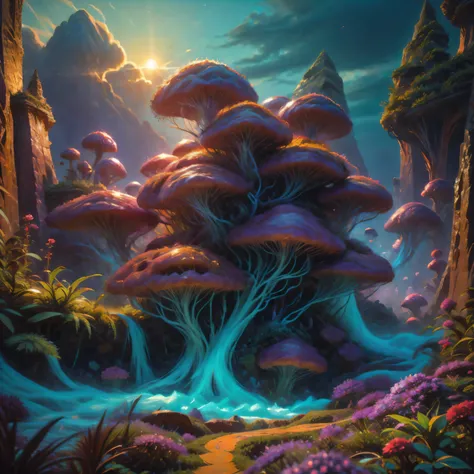 A surreal scene unfolds with an oil painting in an explosive burst of vibrant color in the form of a heart at the center of the artwork. The heart appears as a color fantasy and a dynamic fusion of swirling hues, including neon pinks, blues, and purples, c...