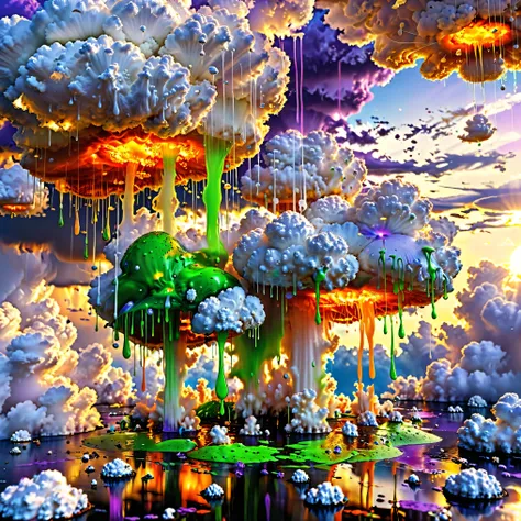 Ultra-realistic, photo-realistic, ultra-detailed, bright vibrant colors, 3D rendered realism, an electric blue sky with doubled mushroom clouds of light lime green in front of white cumulus clouds partially covering a super bright orange and burnt orange ...