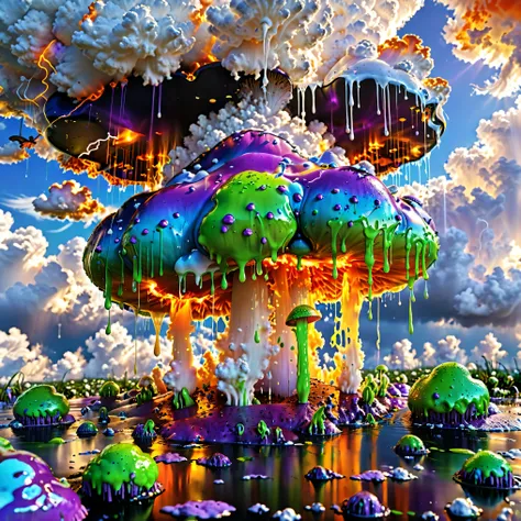 Ultra-realistic, photo-realistic, ultra-detailed, bright vibrant colors, 3D rendered realism, an electric blue sky with doubled mushroom clouds of light lime green in front of white cumulus clouds partially covering a super bright orange and burnt orange ...