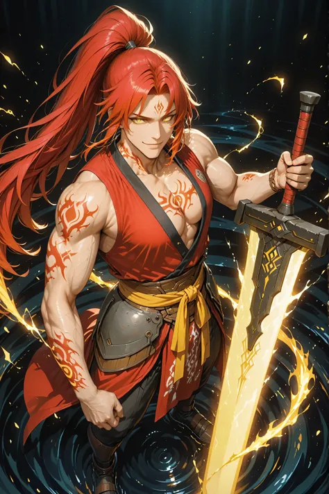 holding_sword,Anime-style full body shot from above, showing a tall, handsome, muscular adult man with light Asian skin, long red hair streaked with yellow and red tied in a high ponytail, and a confident smile. His bright yellow eyes gleam with fiery ener...