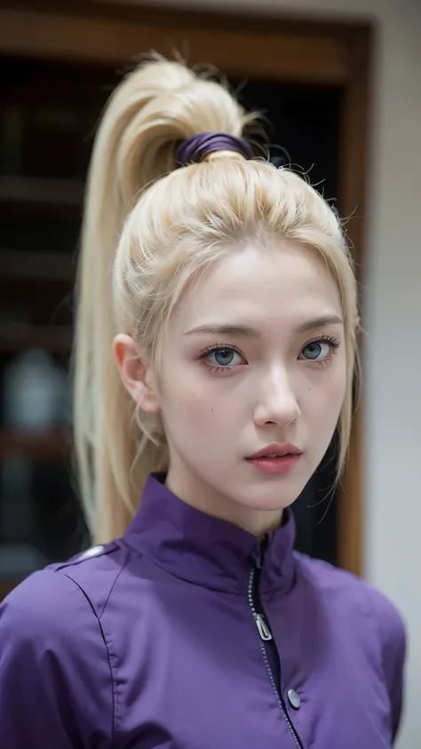 Yamanaka Ino from Naruto Shippuden, half-body portrait, ultra-realistic and highly detailed, HD quality. She has long platinum blonde hair tied in a high ponytail, bright blue eyes, and elegant facial features. Wearing her signature purple ninja outfit wit...