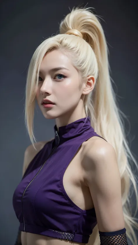 Yamanaka Ino from Naruto Shippuden, half-body portrait, ultra-realistic and highly detailed, HD quality. She has long platinum blonde hair tied in a high ponytail, bright blue eyes, and elegant facial features. Wearing her signature purple ninja outfit wit...
