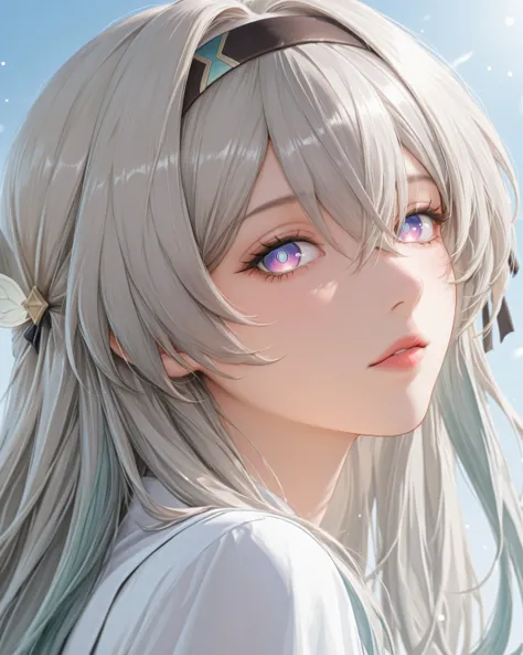 FireflyHSR, blue pupils, purple eyes, blue eyes, grey hair, multicolored hair, long hair, black hairband, hair ornament. 