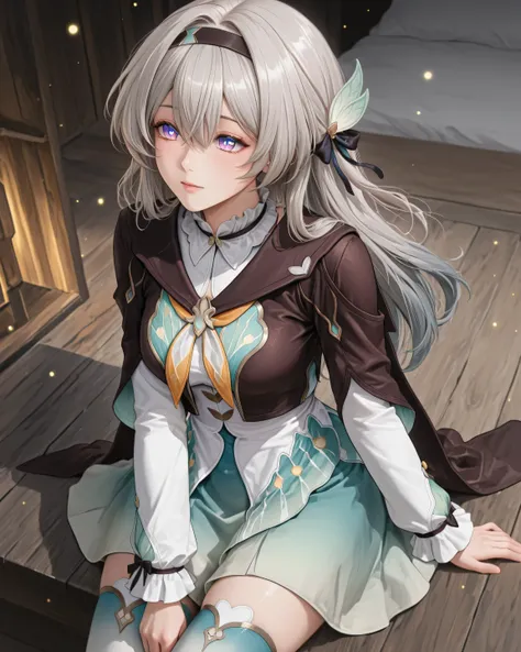  F1reflyDF, blue pupils, purple eyes, blue eyes, grey hair, multicolored hair, long hair, black hairband, hair ornament, brown capelet, frilled collar, white shirt, long white sleeves, green skirt, gradient thighhighs.