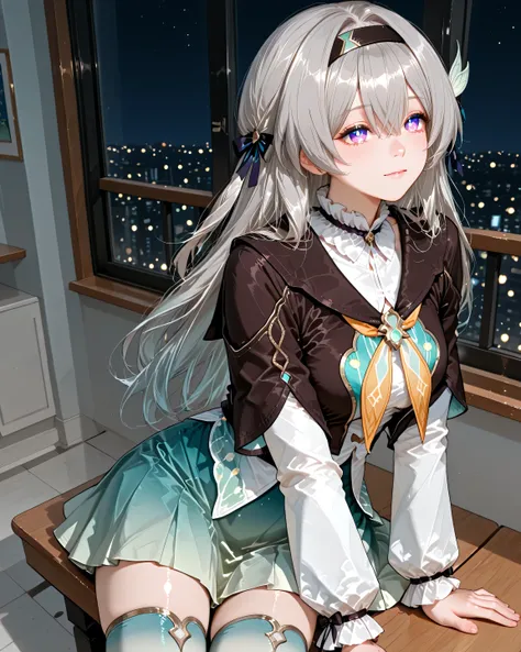  F1reflyDF, blue pupils, purple eyes, blue eyes, grey hair, multicolored hair, long hair, black hairband, hair ornament, brown capelet, frilled collar, white shirt, long white sleeves, green skirt, gradient thighhighs.