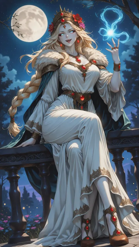 FantasySlavicMS, 1girl, solo, curvy body, pale skin, very long hair, blonde hair, hair ornament, hair flower, headdress, single braid, messy hair, earrings, blue eyes, full lips, makeup, large breast, necklace, long dress, wide sleeves, dress ornament, bra...