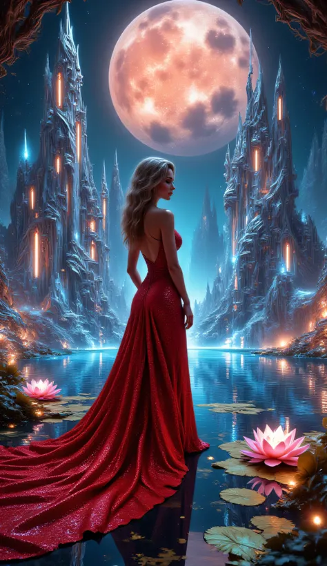 voluptuous woman with shiny red long luxury dress, majestic chrome palace with intricate faceted towers floating in bg, captivating ethereal beauty emerges in dynamic profile from the middle of an enchanted lake, surrounded by vibrantly glowing water lilie...
