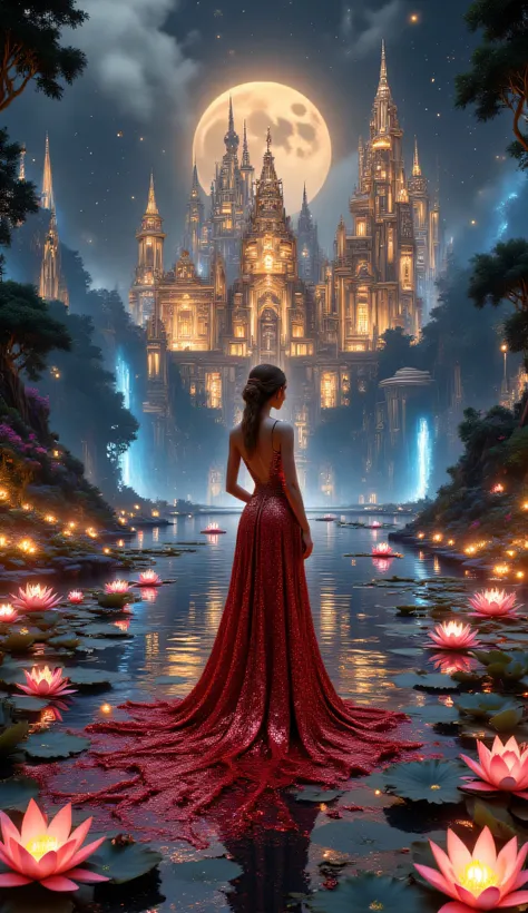 voluptuous woman with shiny red-gold long luxury dress, majestic chrome palace with intricate faceted towers floating in bg, captivating ethereal beauty emerges in dynamic profile from the middle of an enchanted lake, surrounded by vibrantly glowing water ...