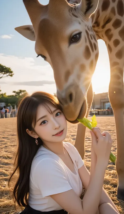 Hyper-realistic cinematic portrait: a young beautiful Japanese female zookeeper kneels beside a towering giraffe at golden hour in an open savannah-style enclosure. She offers a long green lettuce stalk; the giraffe bends its long neck down, its soft muzzl...