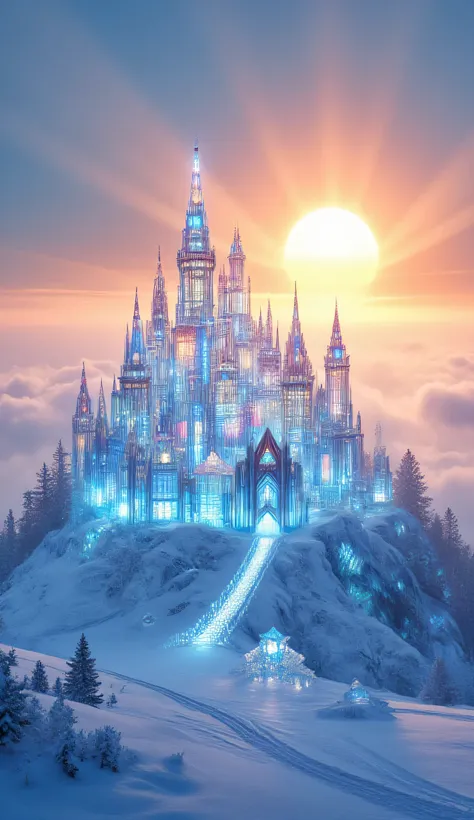 In the picture there is a small hill covered in snow, around it are fields that are also covered in heavy snow. On that hill there is a huge castle made of ice that changes into various colors after being exposed to the sun's rays. A spectacular transparen...
