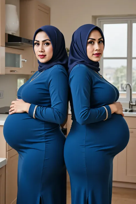 2 preggos 40 year old Indonesia women, pregnant huge belly, big belly, huge breast, big ass, wearing tight blue dress muslim, hijab, looking camera, pose back to back, background in kitchen , realistic,