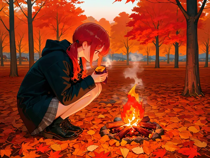 1 woman,Red hair,ponytails lined up in profile,autumnコーデ,Bonfire,Roasted sweet potato,autumn,squatting,Vacant lot,High Quality,4K,Details Precise,HDR,Professional