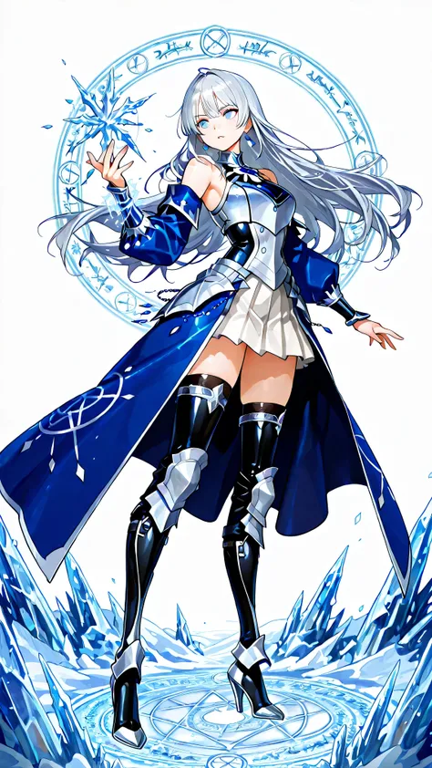 white background, 1girl, solo, masterpiece, female knight theme, beautiful woman with long silver hair, blue-streak on her hair, blue eyes and silky hair, hair down, white chest plate, wearing white knightly attire, blue coatail, white skirt, decorated wit...
