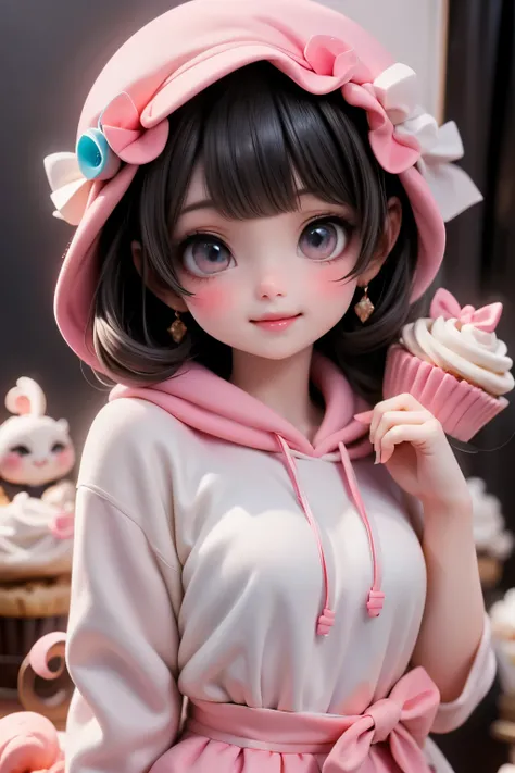 An adorable kawaii-style cute Señorita Bonita smiling peeking out from behind a giant cupcake, dressed in a sprinkle-covered hoodie and surrounded by smiling candy creatures.