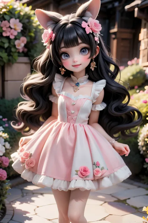 An adorable kawaii-style cute Señorita Bonita smiling walking through a magical garden where flowers bloom into candy and butterflies leave trails of sparkles. Her dress glows with soft magic.
