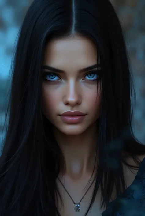 Gorgeous sexy lady, jet black hair that is straight and long, jet blue eyes, sultry expression and gaze, realistic, ultra realistic, HD