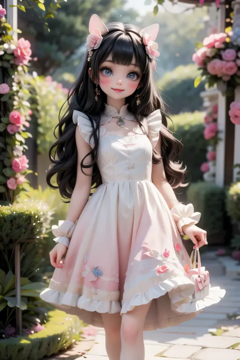 An adorable kawaii-style cute Señorita Bonita smiling walking through a magical garden where flowers bloom into candy and butterflies leave trails of sparkles. Her dress glows with soft magic.