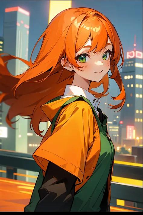 one woman、solo、orange hair、long hair、green eyes、big smiles、From the side、Orange Clothes、inner shirt、Upper Body Closeup、Late night city background