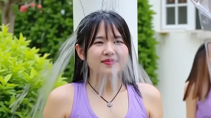 In the back garden of a house, Ikumi, wearing a purple satin dress, a delicate necklace, earrings and makeup including lipstick and sparkly eye shadow is absolutely soaked by a colossal cascade of water falling onto her head from off screen. The water land...