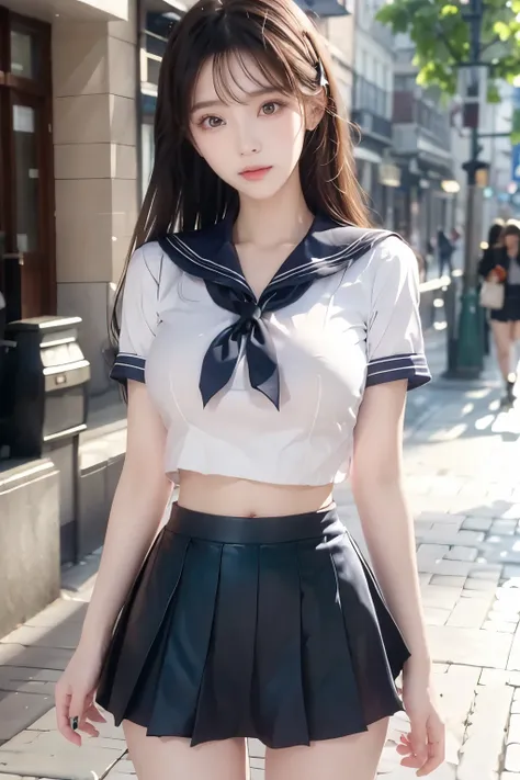 ( Super High Definition), (I'm looking over here), (school uniform:1.2, sailor suit, flared skirt), (Big Breasts:1.2), (Slimness:1.8), ( Read more:1.4), (thin thighs:1.4), ( thin hips:1.6), ( beautiful skin, shiny skin, white skin), (Super slim face, Sup...