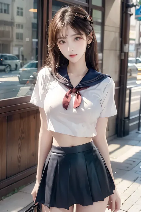 ( Super High Definition), (I'm looking over here), (school uniform:1.2, sailor suit, flared skirt), (Big Breasts:1.2), (Slimness:1.8), ( Read more:1.4), (thin thighs:1.4), ( thin hips:1.6), ( beautiful skin, shiny skin, white skin), (Super slim face, Sup...