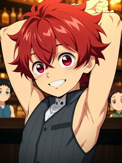 Anime style, Highres, Masterpiece, Best quality at best,High-quality illustrations, Best Quality,hight quality, hight detailed, Depth field, Anime screencap style, Tanjiro, 1boy,Little Boy, Shota, Solo person, Red hair, hansome boy, cute face, adorable boy...