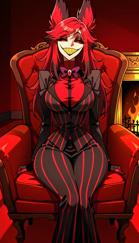 AlastoriaSDXL, 1 girl, ((long hair)), skirt, bowtie, gloves, animal ears, red sclera, red hair, striped, black pupils, red eyes, formal, ((black lips)), sharp teeth, yellow teeth, ((large breasts)), ((slim body)), wide hips, half-closed eyes, smile, lookin...