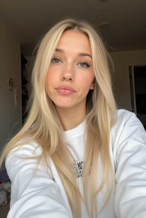 1girl , en petite tenue dans sa bedroom, long hair blonde woman, emo_hairstyle, lips, Gros tour de cou, eye-liner, eye shadow, mascara, smoky eyes, bedroom, natural lighting, visage parfait, emo, big , white sweatshirt, closed mouth