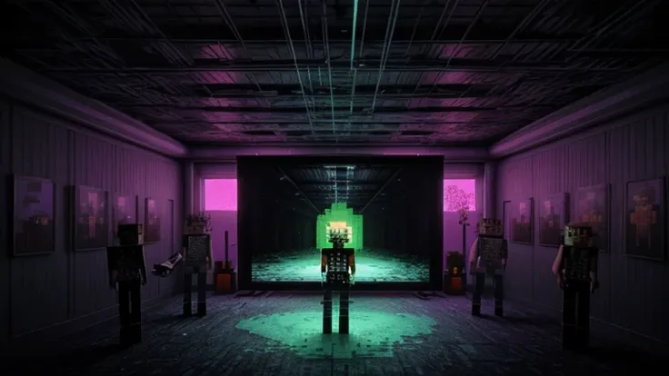 Minecraft meets SCP Foundation lore,A group of friends gather around a Minecraft PC, only to witness the screen morph into a display of anomalous, SCP-like phenomena, such as reality-distorting portals and cryptic, pulsing symbols. This prompt demands a se...