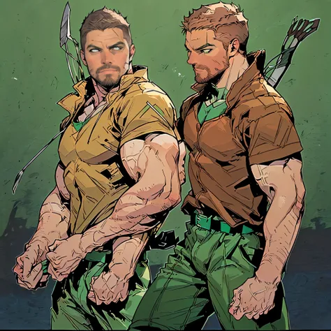 ((1 man)),((( male focus solo,45 yo man))),(((Stephen AMELL as green arrow))),  lean muscle, developped pectoral muscles, (((wearing an outfit of dark green shirt, dark green pants with brown belt like robin hood))) ,((( big manly bulge))), full body shot,...