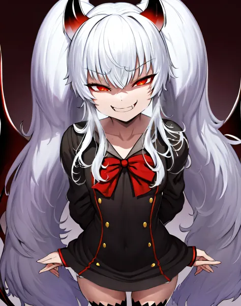 1girl,solo,Grimm aloe,Demon Horn, black_dress,standing,,Devil's Wings,Single Blade,,One Blade,,Dark Ambient Background,,blackいセーラー服,messugaki,(evil smug:1.5),thighhigh socks,masterprice,perfect quolity,best quolity,amezing quolity,