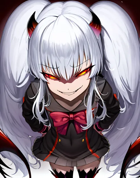 1girl,solo,Grimm aloe,Demon Horn, black_dress,standing,,Devil's Wings,single blade,,One Blade,,Dark Ambient Background,,blackいセーラー服,messugaki,(evil smug:1.7),thighhigh socks,masterprice,perfect quolity,best quolity,amezing quolity,