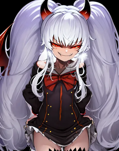 1girl,solo,Grimm aloe,Demon Horn, black_dress,standing,,Devil's Wings,single blade,,One Blade,,Dark Ambient Background,,blackいセーラー服,messugaki,(evil smug:1.7),thighhigh socks,masterprice,perfect quolity,best quolity,amezing quolity,