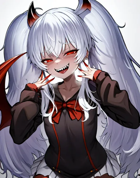 1girl,solo,Grimm aloe,Demon Horn, black_dress,standing,,Devil's Wings,single blade,,One Blade,,Dark Ambient Background,,blackいセーラー服,messugaki,(evil laugh:1.5),thighhigh socks,masterprice,perfect quolity,best quolity,amezing quolity,