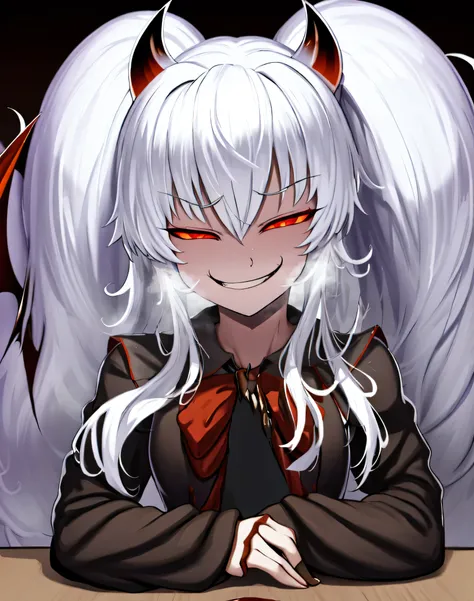 1girl,solo,Grimm aloe,Demon Horn, black_dress,standing,,Devil's Wings,single blade,,One Blade,,Dark Ambient Background,,blackいセーラー服,messugaki,(evil smirk:1.7),thighhigh socks,masterprice,perfect quolity,best quolity,amezing quolity,