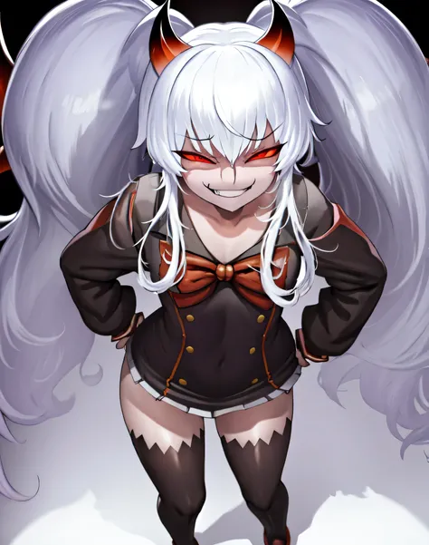 1girl,solo,Grimm aloe,Demon Horn, black_dress,standing,,Devil's Wings,single blade,,One Blade,,Dark Ambient Background,,blackいセーラー服,messugaki,(evil smirk:1.7),thighhigh socks,masterprice,perfect quolity,best quolity,amezing quolity,