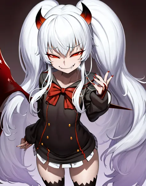 1girl,solo,Grimm aloe,Demon Horn, black_dress,standing,,Devil's Wings,single blade,,One Blade,,Dark Ambient Background,,blackいセーラー服,messugaki,(smirk:1.7),thighhigh socks,masterprice,perfect quolity,best quolity,amezing quolity,