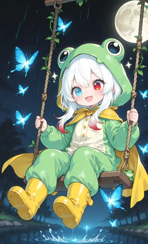 Melys Chibi, masterpiece, best quality, ultra-detailed:1.3, chibi style, 1girl, solo, pure white hair with soft gradient red tips, heterochromia crimson red right eye:1.3 and ice blue left eye:1.3, fair skin, wearing bright green frog onesie with yellow ca...