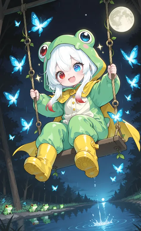 Melys Chibi, masterpiece, best quality, ultra-detailed:1.3, chibi style, 1girl, solo, pure white hair with soft gradient red tips, heterochromia crimson red right eye:1.3 and ice blue left eye:1.3, fair skin, wearing bright green frog onesie with yellow ca...