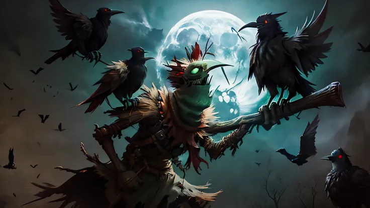 Fiddlestickset (league of legends) crow, sitting on her shoulder, , illuminated by the moon, "Eternal terror, known as Fiddlesticks, roams the borders of mortal civilizations., , reaches out to regions, overrun by paranoia". scarecrow , окруженное crowми...