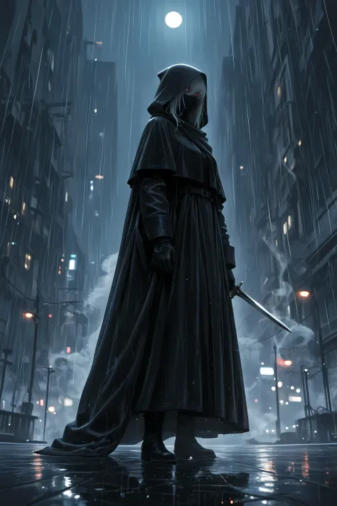 (masterpiece, best quality, ultra-detailed, 8k, cinematic low-key lighting),
1woman, solo, (assassin spy aesthetic), wearing long dark cloak fluttering in wind, hood partially concealing face,
short silver hair visible beneath hood, sharp focused eyes, sid...