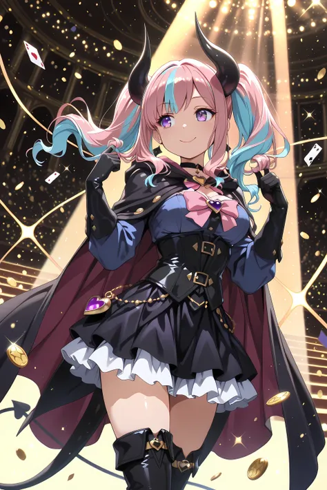 (masterpiece, best quality, ultra-detailed, 8k, cinematic warm-to-cool lighting, magical realism style),
1girl, ((purple eye)), ((two-tone hair, pink hair, light blue hair)), twin tails, (black horn), (heart charm choker),
wearing magician thief outfit, sh...