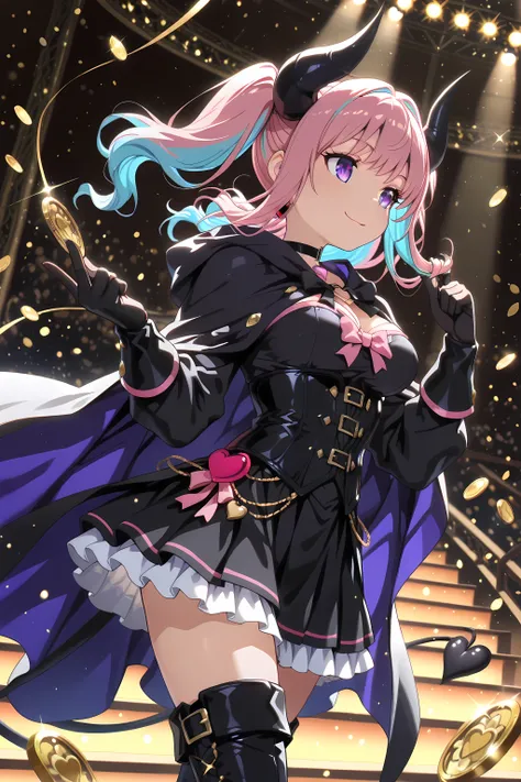 (masterpiece, best quality, ultra-detailed, 8k, cinematic warm-to-cool lighting, magical realism style),
1girl, ((purple eye)), ((two-tone hair, pink hair, light blue hair)), twin tails, (black horn), (heart charm choker),
wearing magician thief outfit, sh...