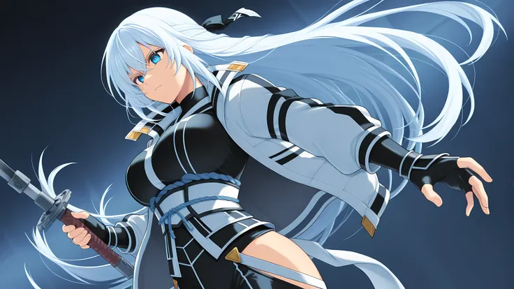 1girl, solo, knkshizu, white hair, very long hair, hair ribbon, blue eyes, shizuksk1, black bodysuit, white jacket, striped jacket, open jacket, white sash, black gloves, fingerless gloves, hip vent, holding weapon, large breasts, serious face, low angle, ...