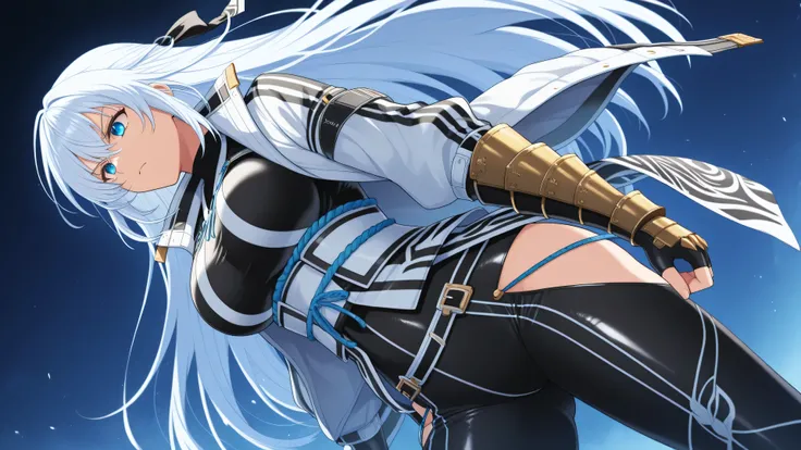 1girl, solo, knkshizu, white hair, very long hair, hair ribbon, blue eyes, shizuksk1, black bodysuit, white jacket, striped jacket, open jacket, white sash, black gloves, fingerless gloves, hip vent, gauntlet gloves, large breasts, serious face, low angle,...