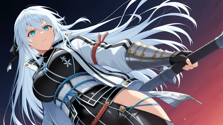 1girl, solo, knkshizu, white hair, very long hair, hair ribbon, blue eyes, shizuksk1, black bodysuit, white jacket, striped jacket, open jacket, white sash, black gloves, fingerless gloves, hip vent, gauntlet gloves, large breasts, serious face, low angle,...